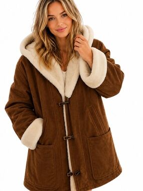 Gallery Brown Suede Leather Penny Lane Coat M Faux Shearling Hood Y2K Boho Hood